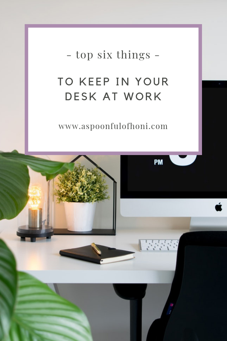 top six office supplies to keep in your desk at work pinterest graphic