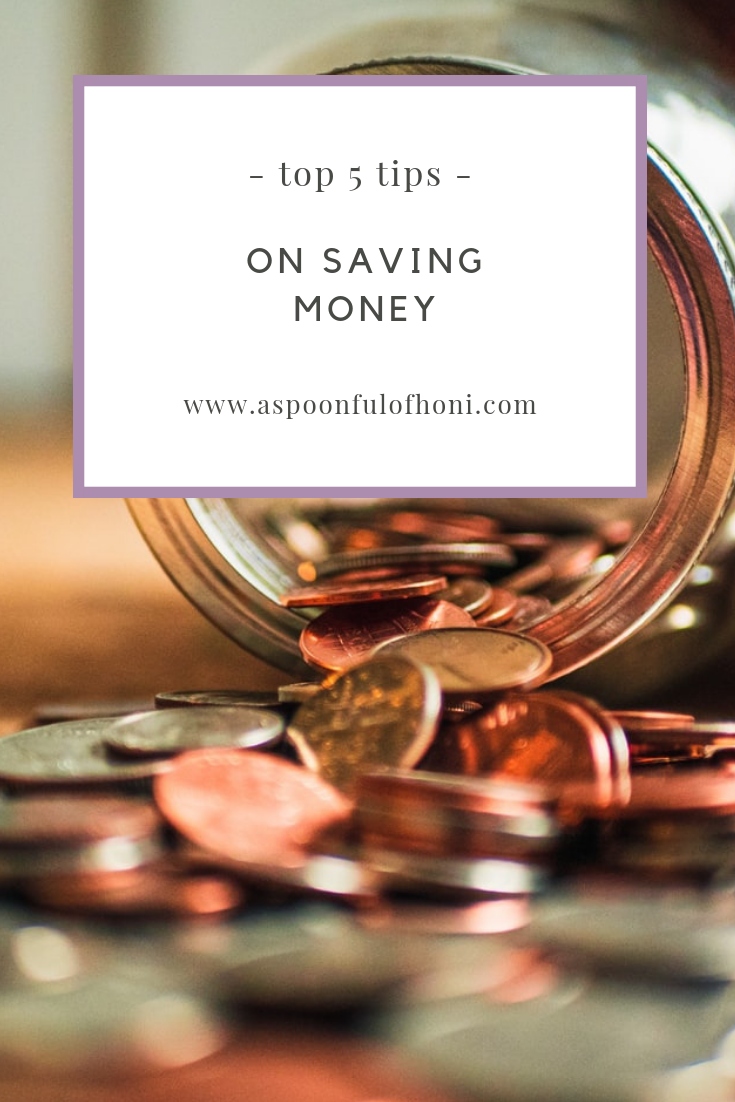 top 5 tips on saving money pinterest graphic